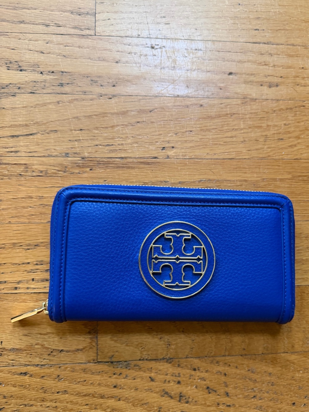 Tory Burch Cobalt Blue Zip Wallet with Gold Logo